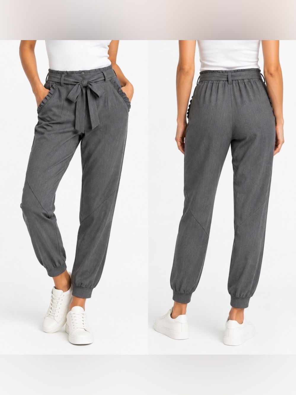 Cream Tie Waist Tapered Jogger Trousers Pants Grey Size EU 38 US 6-8